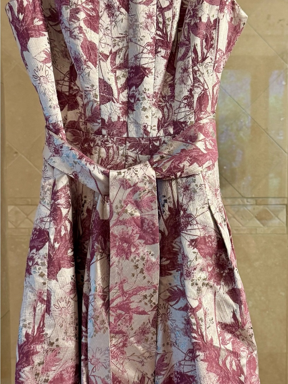Kay Unger Pink Berry Floral Belted Midi Dress